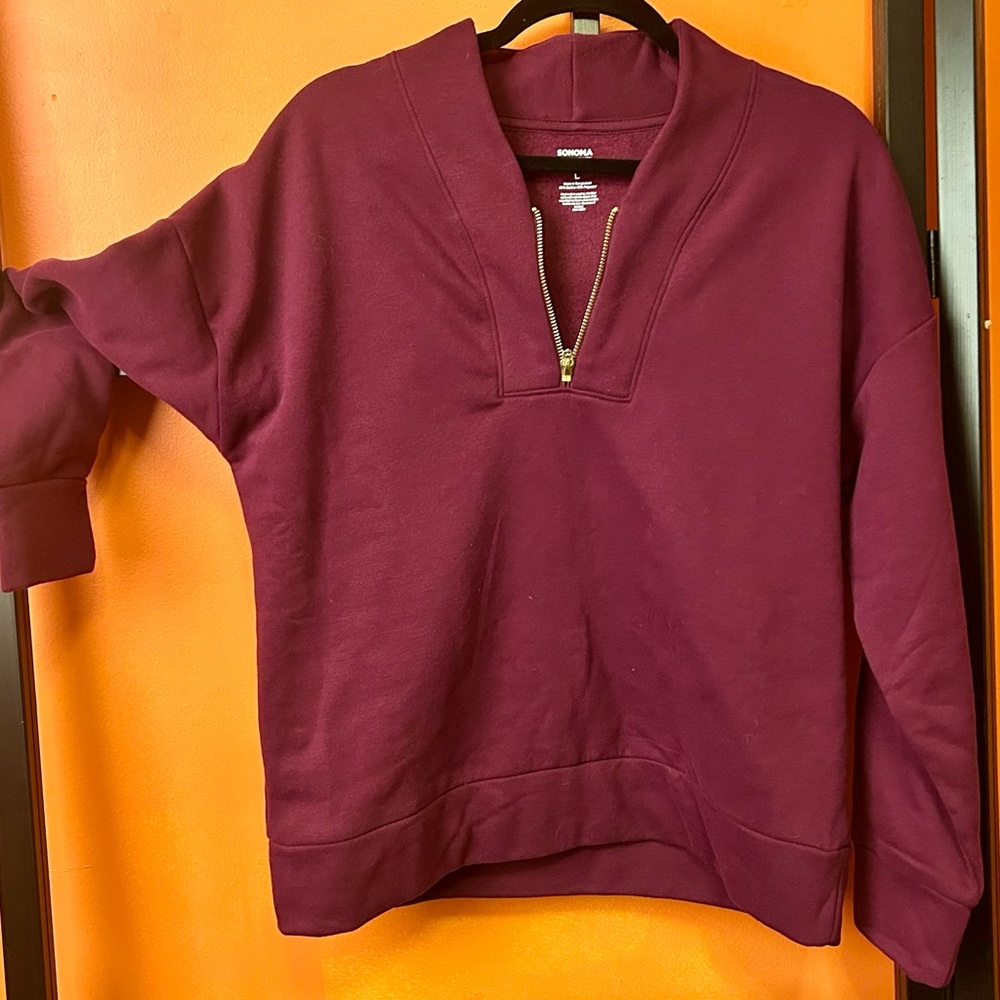 Burgundy Half Zip Pullover Sweatshirt Minimalist Luxe Athleisure L